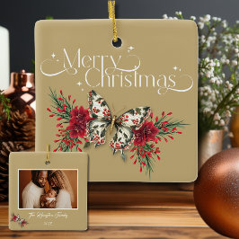 Julens Vintage Butterfly Poinsettia Photo Julgransprydnad Keramik