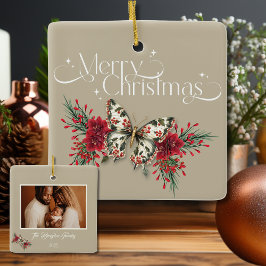 Julens Vintage Butterfly Poinsettia Photo Julgransprydnad Keramik