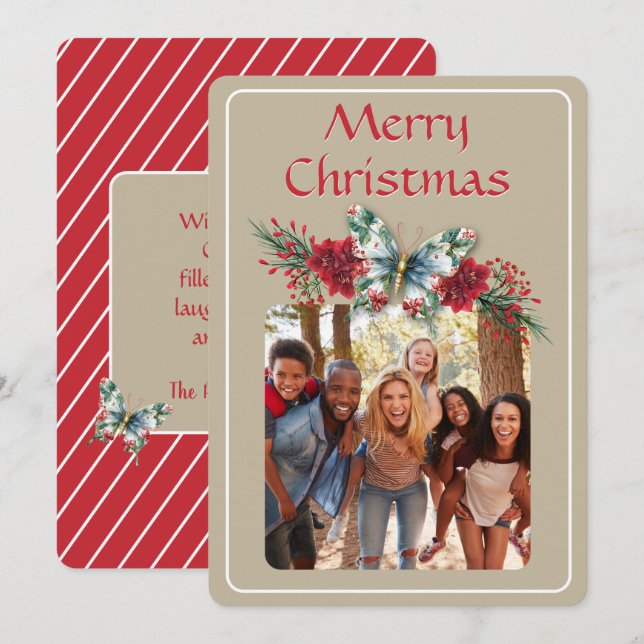 Julens Vintage Butterfly Poinsettia Photo Julkort (Fram/baksida)