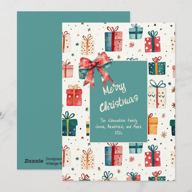 Julens Vintage Gift Paket - platta Helgdag Julkort (Fram/baksida)