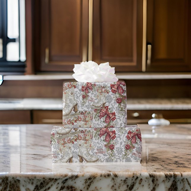 Julens Vintage Ice Skates Play Holly Silver Presentpapper (Skapare uppladdad)