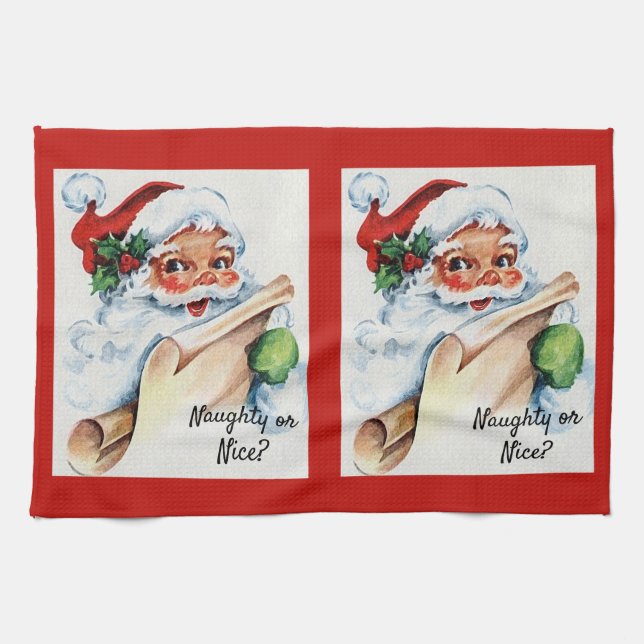Julens Vintage Jultomten Naughty eller Nice Kökshandduk (Horisontell)