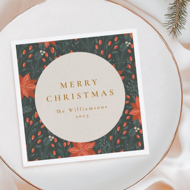 Julens Vintage Red Botanical Grey Anpassningsbar Pappersservett (Skapare uppladdad)