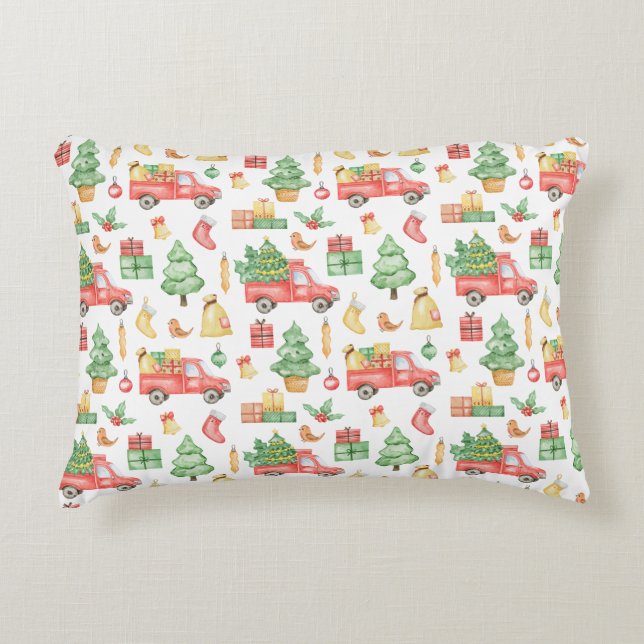 Julens Vintage Red Lastbil Mönster Prydnadskudde (Framsidan)