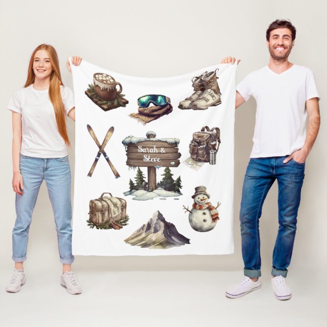 Julens Vintage Retro Ski par utomhusvita Fleecefilt (På plats)