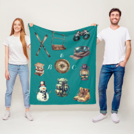Julens Vintage Rustic Ski Couple Initialer Teal Fleecefilt