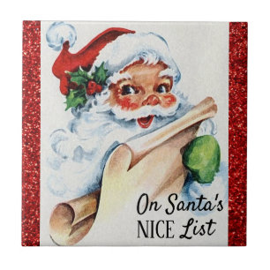 Julens Vintage Santa Nice-listan Red Glitter Kakelplatta