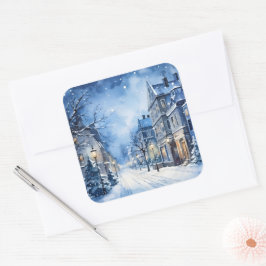 Julens Vintage Village Scene Blue Fyrkantigt Klistermärke