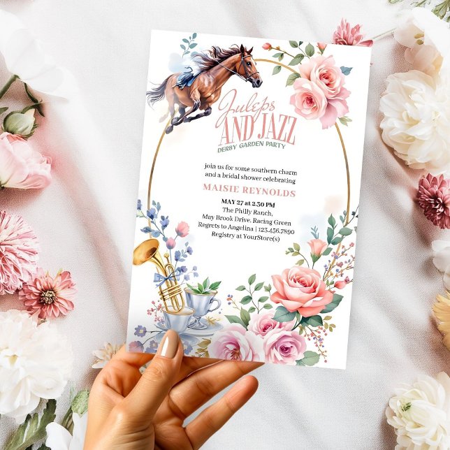 Juleps och Jazz Blommigt Horse Tävla Möhippa Inbjudningar (Skapare uppladdad)