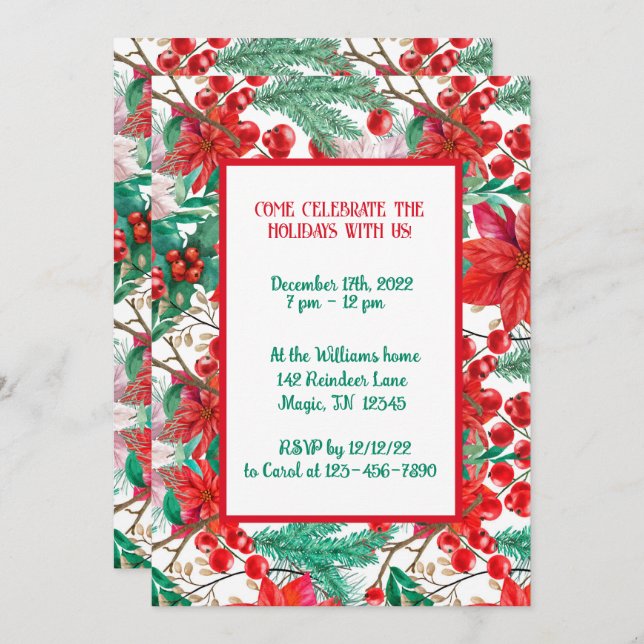 Julestjärna, tallgrenar och röda bär inbjudningar (Fram/baksida)