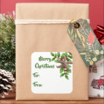 Juletiketter av Starfish in Holly Grönt Beach Fyrkantigt Klistermärke<br><div class="desc">Gift-märkre-klistermärken med stjärnfisk och skal. Tre tum,  fyrkantiga,  vita klistermärken har "God jul" och "för" och "från" på mörk grönt. Använda för att dekorera tropiska helgdag. All text finns i mallar som du vill ändra eller ta bort efter behov.</div>