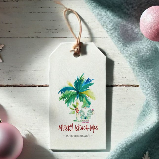 Juletiketter Cute Beach-mas Presentetikett (Beachmas Christmas tags tropical beach theme watercolor art by Victoria Grigaliunas Do Tell A Belle)