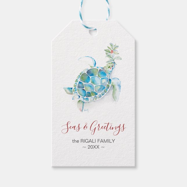 Juletiketter Cute Beach Seas & Hälsning Presentetikett (Framsidan)