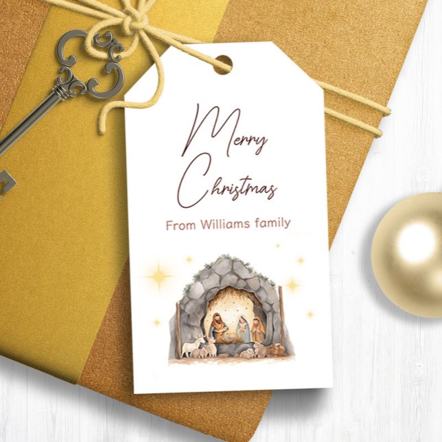 Juletiketter för illustrerad aktivitet presentetikett (Illustrated nativity Christmas gift tags)
