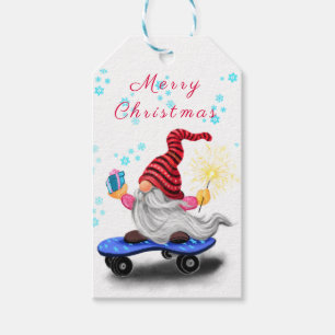 Juletiketter Lycklig Skater Gnome med Gift Presentetikett