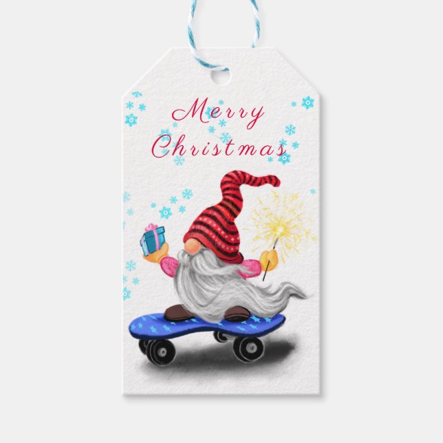 Juletiketter Lycklig Skater Gnome med Gift Presentetikett (Framsidan)