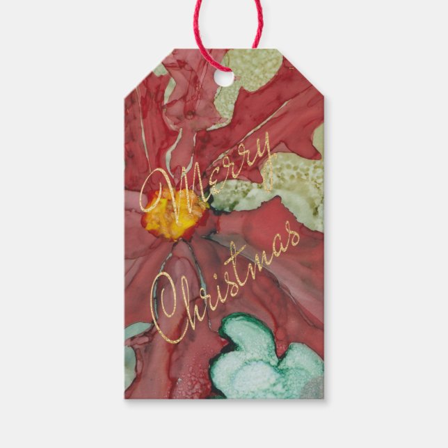 Juletiketter Poinsettia Red, Grönt, Golds Presentetikett (Framsidan)