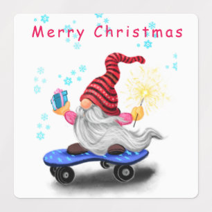 Juletiketter Skater Gnome med gåvor Klistermärke