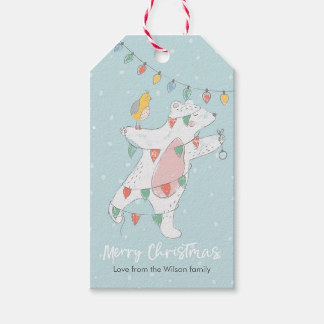 Juletiketter, söt polar med dekoration presentetikett (Framsidan)