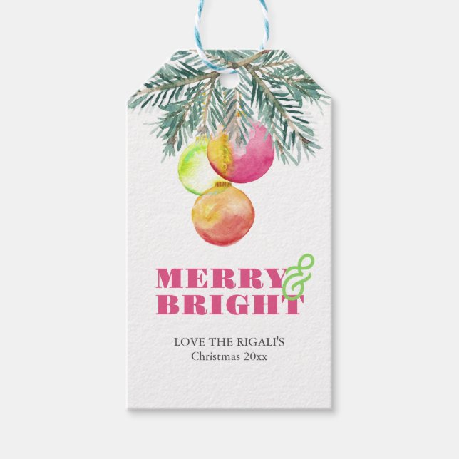 Juletiketter VattenfärgsRosa och Grönt Presentetikett (Framsidan)