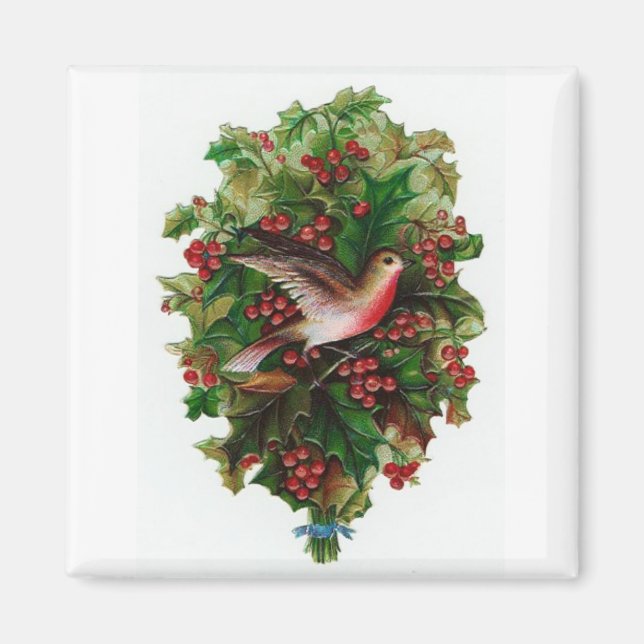 Julfågel & Holly Vintage Magnet (Framsidan)