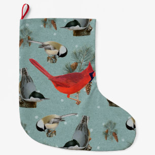 Julfågel Kardinal Nuthatch Chickadee Snö Stor Julstrumpa
