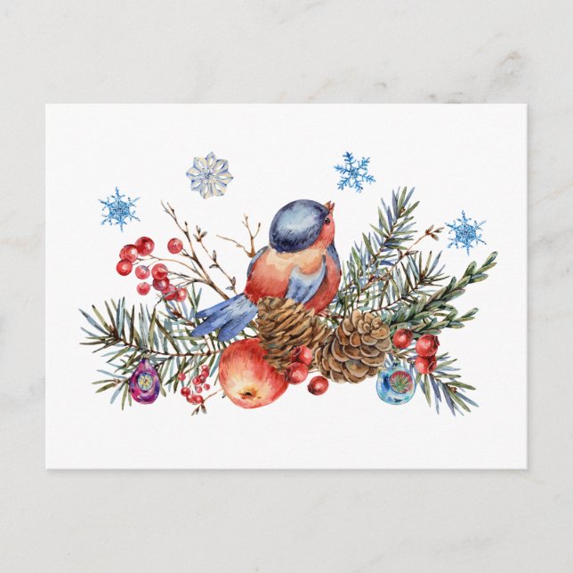 Julfågel, rödbär och Snöflingor Helg Vykort (Framsida)
