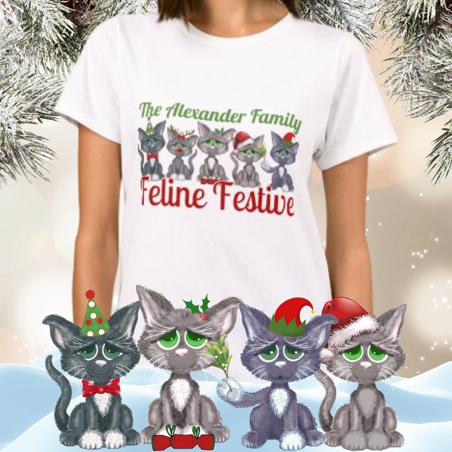 Julfamilj Kat-Kattdjur Festive T Shirt (This cute 'feline festive' family design will make you all smile this Christmas!)