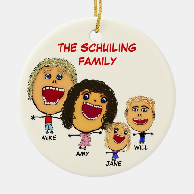 Julfamilj på fyra Tecknader med gravida Mamma Julgransprydnad Keramik (Framsidan)