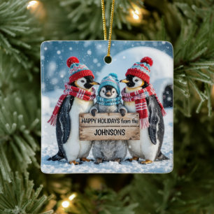 Julfamilj Penguins med träskylt Julgransprydnad Keramik