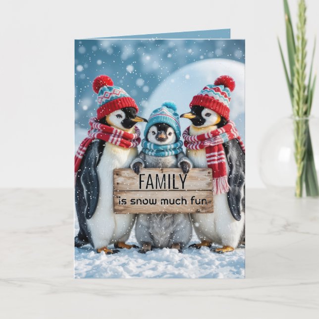 Julfamilj Penguins med träskylt Kort (Framsida)