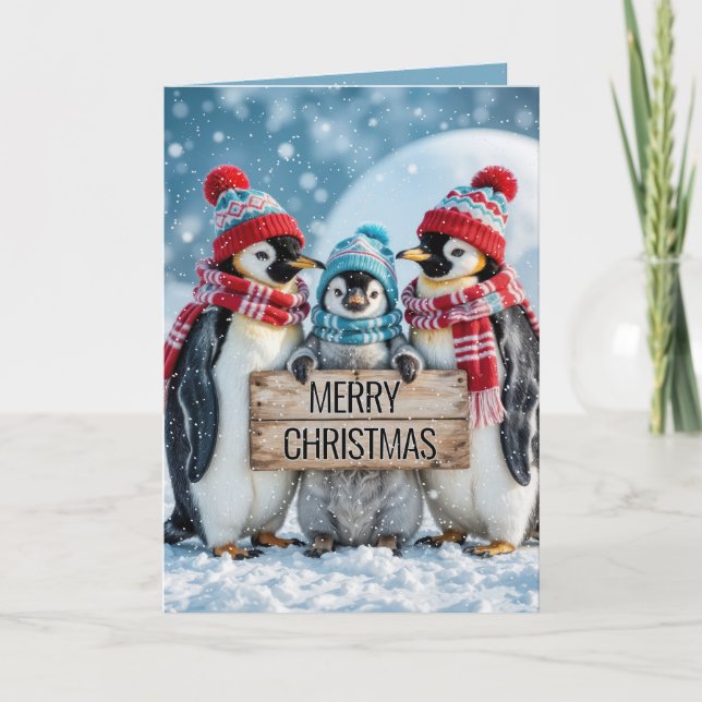 Julfamilj Penguins med träskylt Kort (Framsida)