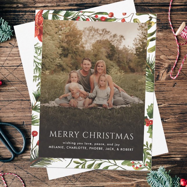 Julfamiljen Helgdagar Photo Hälsning Anteckningskort (Christmas Greetings Rustic Family Photo Red Berries Botanical)