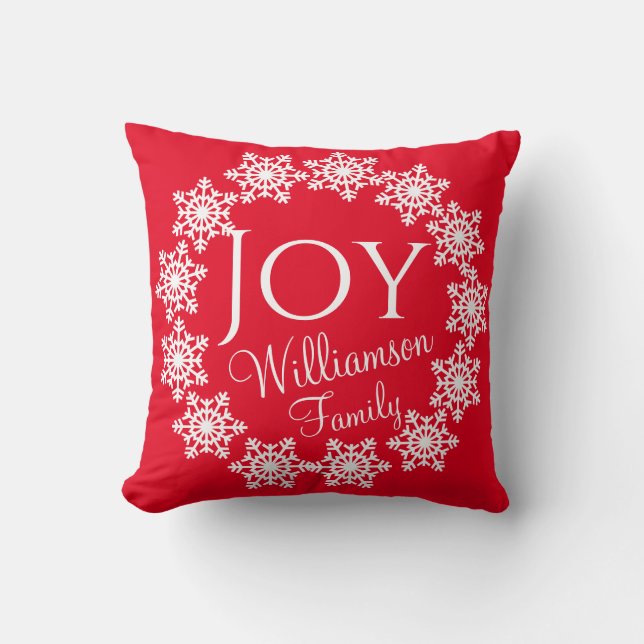 Julfamiljen JOY Red med White Snöflingor Kudde (Framsida)