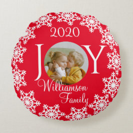 Julfamiljen JOY Red with White Snowflake V Rund Kudde