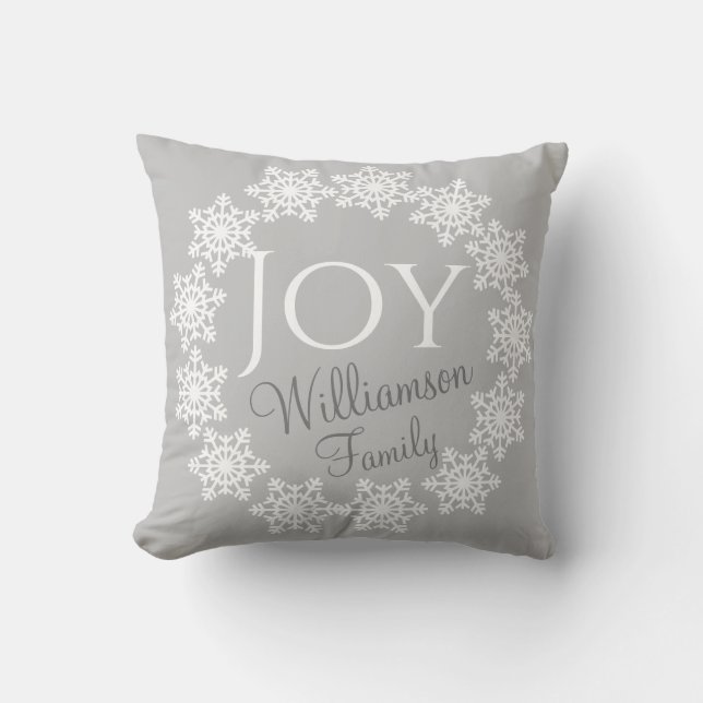 Julfamiljen JOY Silver Grått White Snowflake Kudde (Framsida)