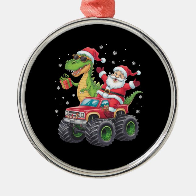 Julfamiljen Matching Santa Lastbil Dinosaur Julgransprydnad Metall (Framsidan)
