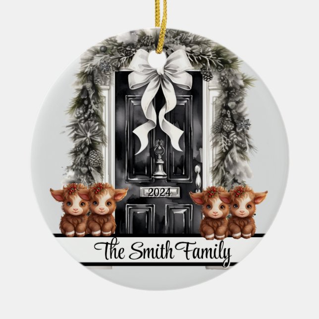 Julfamiljen med 4 prydnadsdjur av arten Highland Julgransprydnad Keramik (Framsidan)