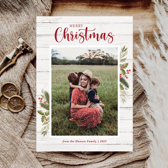 Julfamiljen Photo Greenery White Wood Flat Julkort (Skapare uppladdad)
