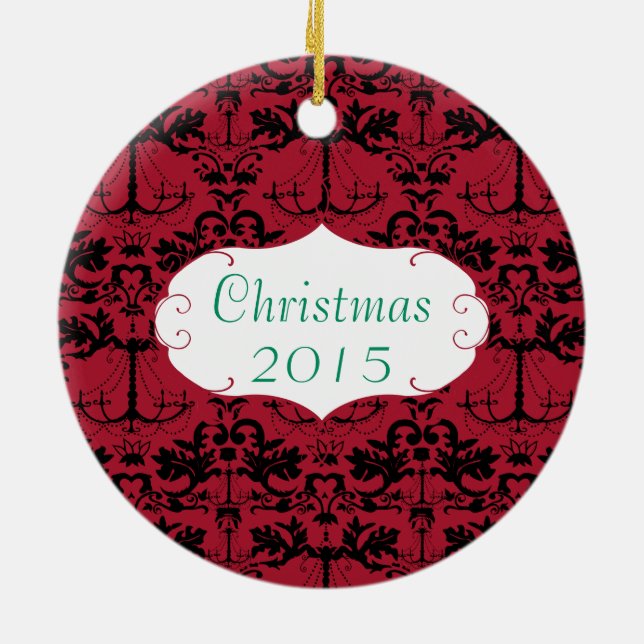 Julfamiljen Photo Red Chandelier Damask Julgransprydnad Keramik (Baksidan)