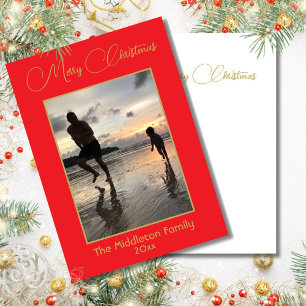 Julfamiljen Photo Red Guld God jul Julkort