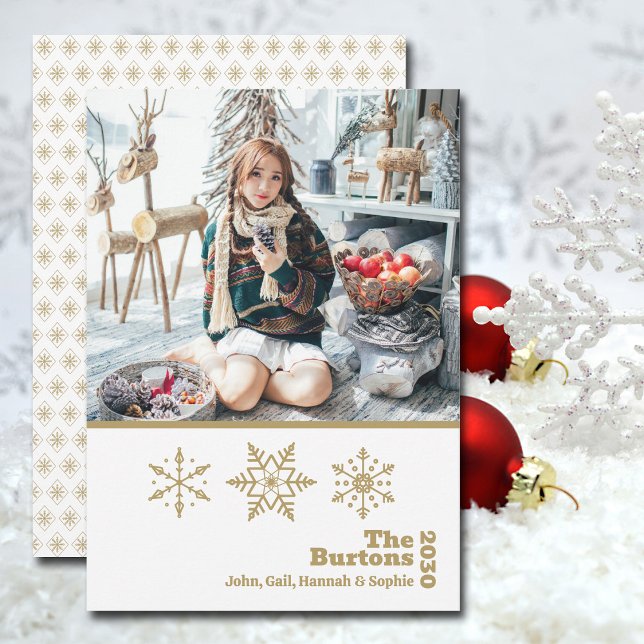 Julfamiljen Photo Snowflake Guld White Julkort (The simple modern design of this photo Christmas card makes your fave pic the star of the show.)