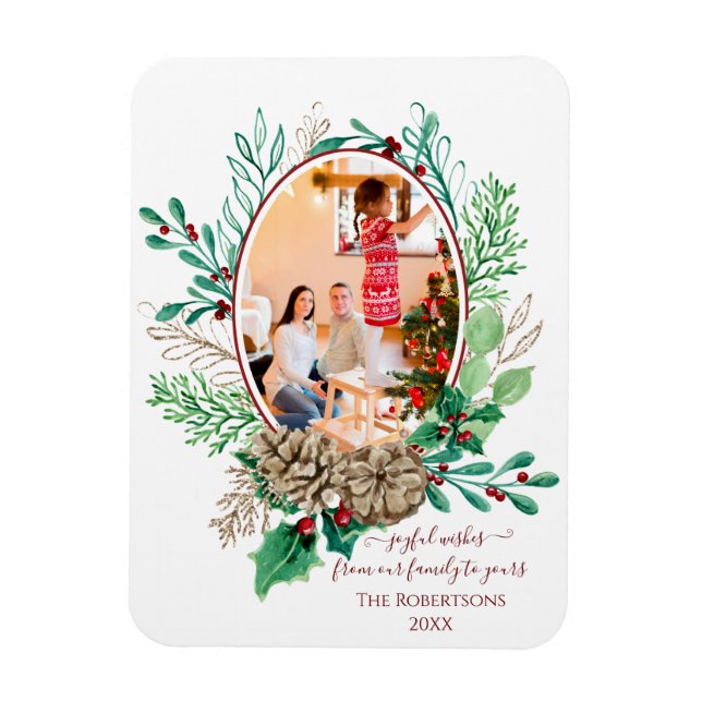 Julfamiljen Photo Watercolor Wandeury Holly Magnet (Vertikal)