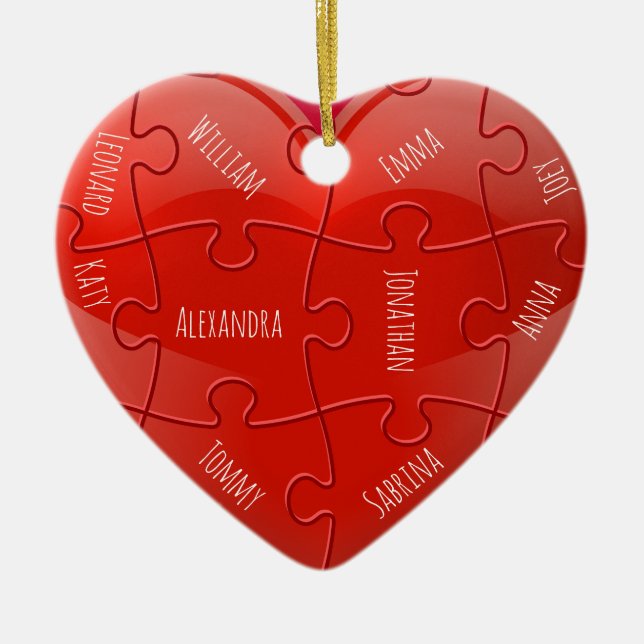 Julfamiljen Puzzle Heart med Namn Julgransprydnad Keramik (Framsidan)