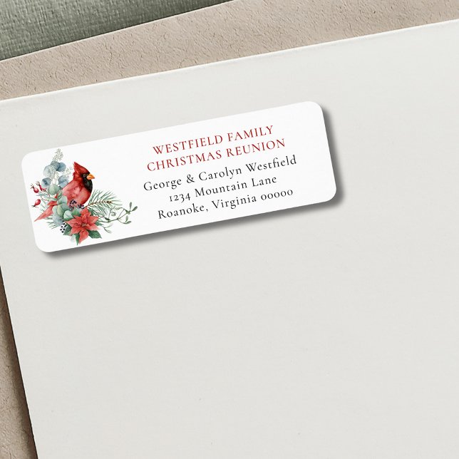 Julfamiljen Reunion Kardinal Returadress Returadress Etikett (Christmas Family Reunion Red Cardinal Party Invitation Return Address Label)
