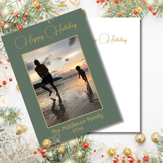 Julfamiljens foto Elegant Grönt Guld Merry Julkort (Skapare uppladdad)