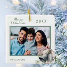 Julfamiljens fotovita grönt klockor julgransprydnad keramik