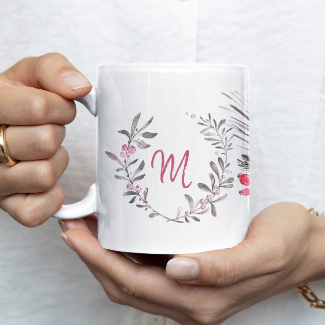 Julfamiljens monogram vattenfärg poinsettia kaffemugg (Skapare uppladdad)