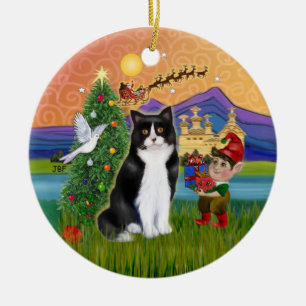 Julfantasi - Svart och vit Tuxedo-katt Julgransprydnad Keramik