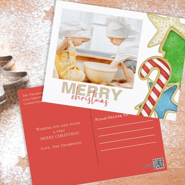 Julfärg Cute Cookies 1 Photo Helgdag Helg Vykort (Merry Christmas holiday photo postcard with whimsical colorful Christmas cookies. )